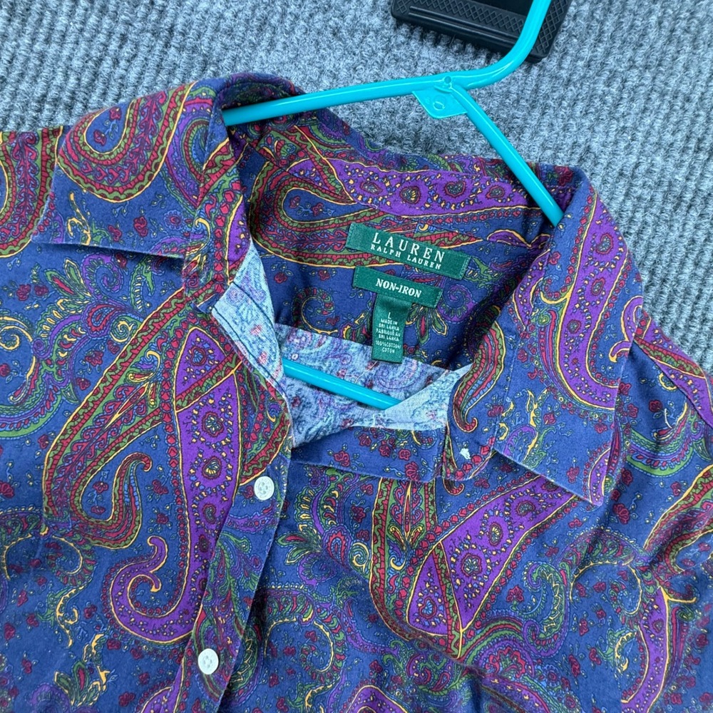 Lauren Ralph Lauren Button Down Women L Blue Paisley Excellent Non-Iron Cotton